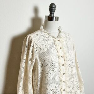 Johnny Was Sheer Cream Lace Button-Up Blouse Size Small